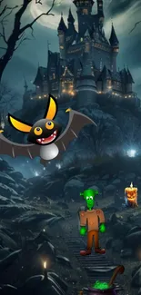 Animated spooky castle with bat and creatures in a dark forest.