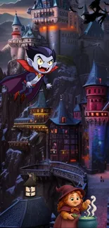 Cartoon vampire and witch in a spooky castle.
