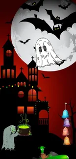 Spooky Halloween castle with bats and ghosts against a full moon.