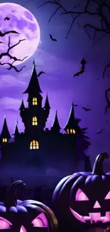 Spooky Halloween castle with pumpkins and a full moon in a purple sky.