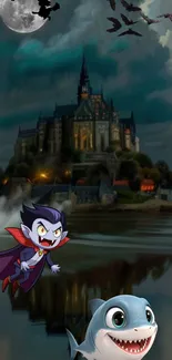 Spooky cartoon castle with vampire and shark under a moonlit night sky.