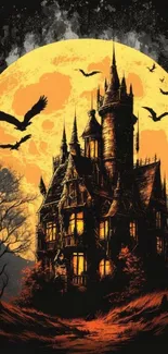 Dark castle with bats under an orange full moon.