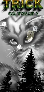 Spooky grayscale cat with forest for Halloween wallpaper.