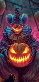 Spooky clown holding glowing pumpkin artwork.