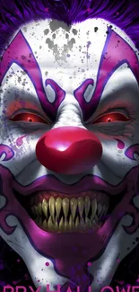 Creepy clown Halloween wallpaper with purple and red colors.