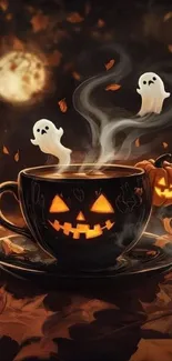 Halloween coffee cup with ghosts and pumpkin.