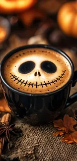 Spooky Halloween coffee cup with artistic foam design.