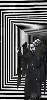 Eerie corridor with ghostly figures and black and white geometric pattern.