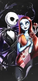 Spooky animated couple in gothic embrace with vibrant colors.