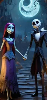 Spooky animated couple holding hands under a glowing moonlit sky.