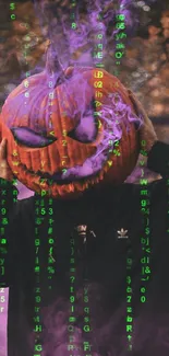 Halloween pumpkin head with purple smoke and green codes creates a spooky vibe.