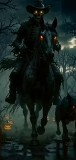 Dark, spooky forest with eerie rider and glowing pumpkins.