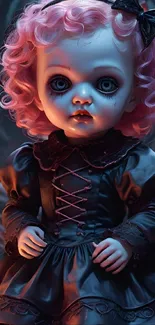 Creepy doll with pink curls and blue eyes.