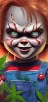 Creepy doll with red hair and eerie green eyes in horror wallpaper.