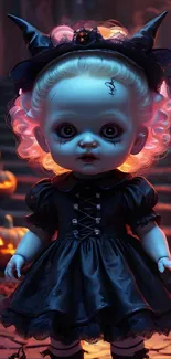 Spooky doll with glowing pumpkins in a dark setting.