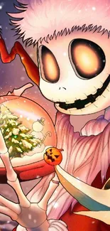 Festive skeleton holds a snow globe.