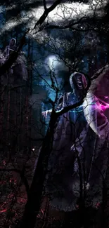 Eerie digital art featuring a ghostly figure in a dark forest with light trails.