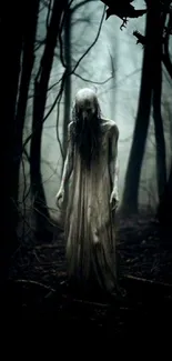 Eerie figure in a dark forest with a haunting atmosphere.