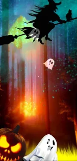 Silhouette of a witch with ghosts in a glowing forest.