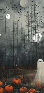 Spooky forest with ghosts and pumpkins at night.