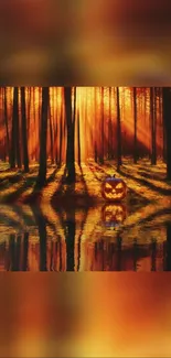 Eerie forest scene with a glowing jack-o'-lantern reflection.