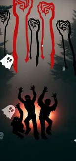 Spooky forest wallpaper with ghosts and silhouettes.