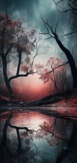 Eerie forest wallpaper with crimson red hues and a clear water reflection.