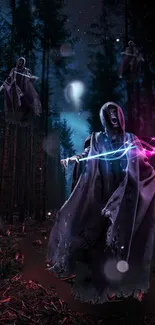Eerie forest with ghostly figures and mystical lights wallpaper.