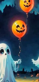 Cute ghosts with Halloween pumpkin balloons under a night sky.