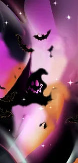 Spooky ghost and bat wallpaper with bright colors and star highlights.