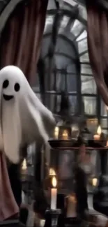 A cheerful ghost amidst candles in a spooky gothic setting.