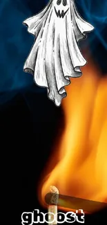 Spooky ghost over a dancing flame with smoky background.