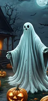 Spooky ghost among pumpkins under a full moon.