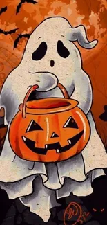 A spooky ghost holds a pumpkin bucket under an orange moon on Halloween night.