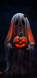 Ghost holding pumpkin mobile wallpaper.