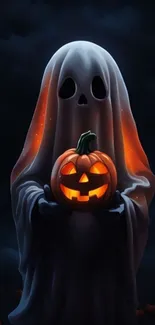 Ghost holds a glowing pumpkin in a spooky Halloween scene.