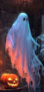 A ghostly figure and pumpkin create a spooky Halloween scene in a dimly lit room.