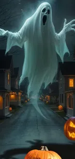 Spooky ghost hovering over a street with glowing pumpkins on Halloween night.