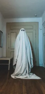 A spooky ghost in a dimly lit hallway, draped in a white sheet.