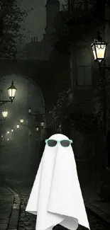 Ghost in dark alley with street lamps and sunglasses.