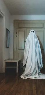 Ghost in hallway with sheet, spooky theme.