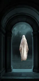 Mobile wallpaper of a floating ghost in a dimly lit archway, creating a spooky atmosphere.