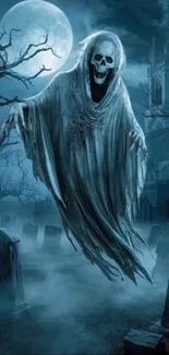 Ghost floating in a foggy cemetery at night under a full moon.