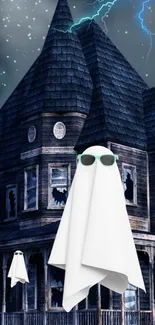 Ghost in sunglasses by a spooky mansion with lightning in the background.