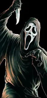 Ghostface holding knife in horror-themed artwork.