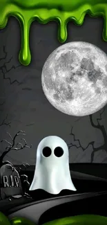 Ghost in graveyard under moonlit sky wallpaper.