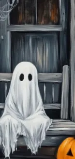 Ghost sitting on a porch with a pumpkin