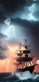 Spooky ghost ship sailing under lightning in stormy seas with ghost apparitions.