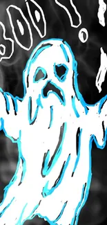 Spooky ghost drawing with 'Boo!' text on dark background.