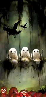 Three ghostly figures swing in an eerie forest with pumpkins below.